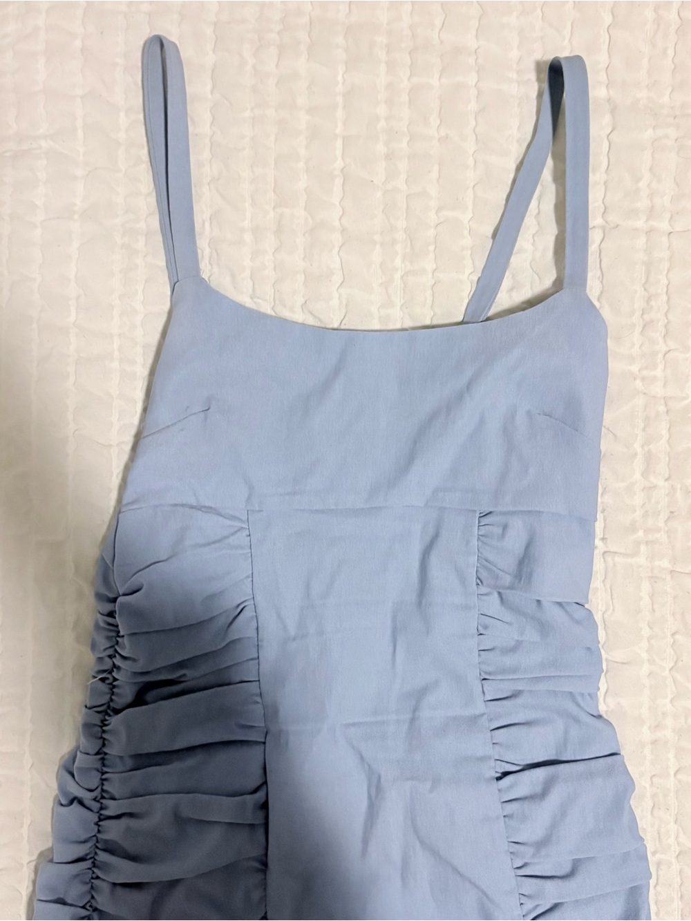 American Threads Light Blue Ruched Spaghetti Strap Mini Dress